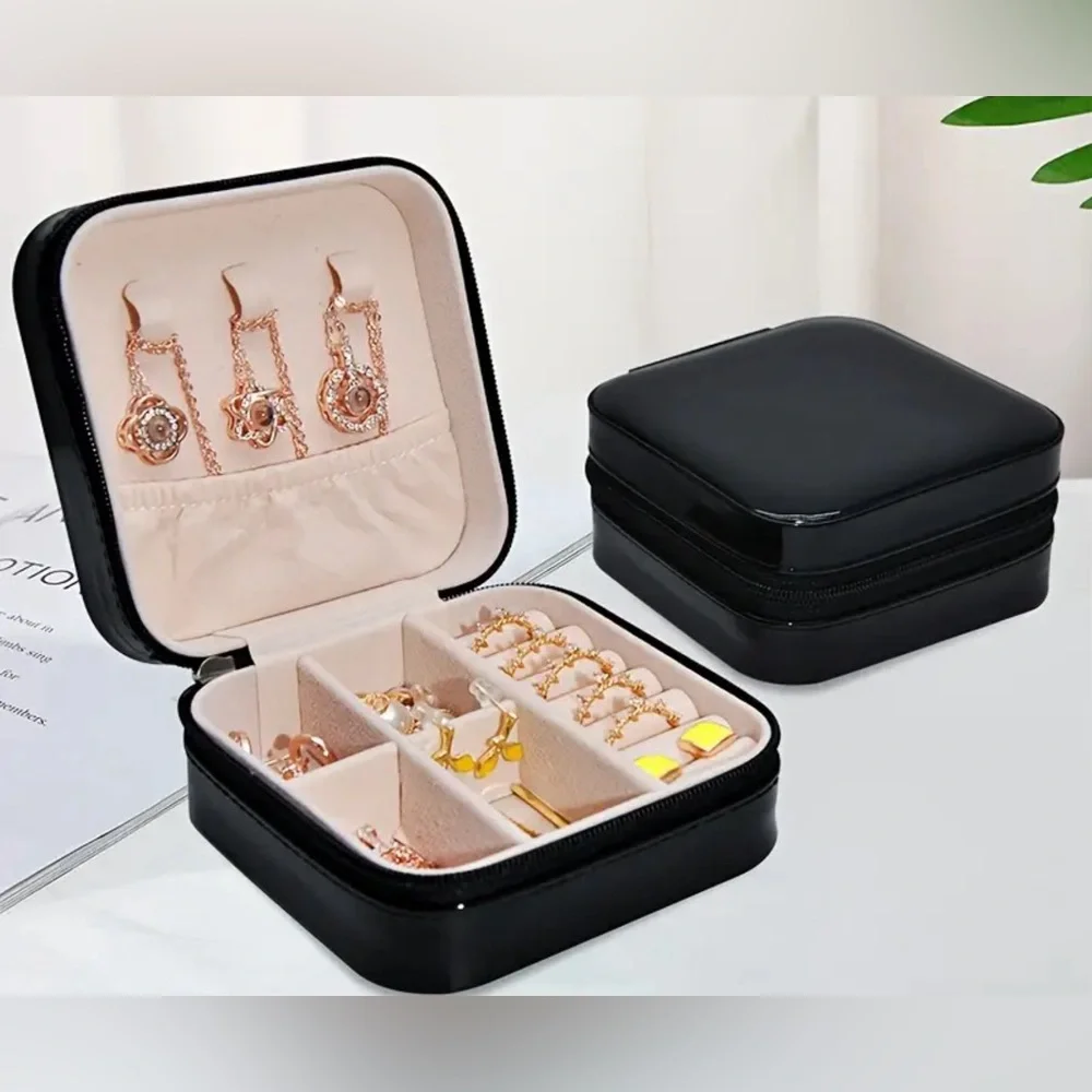 Jewelry Box Portable Men’s Black Patent Leather Travel Antioxidant Zipper